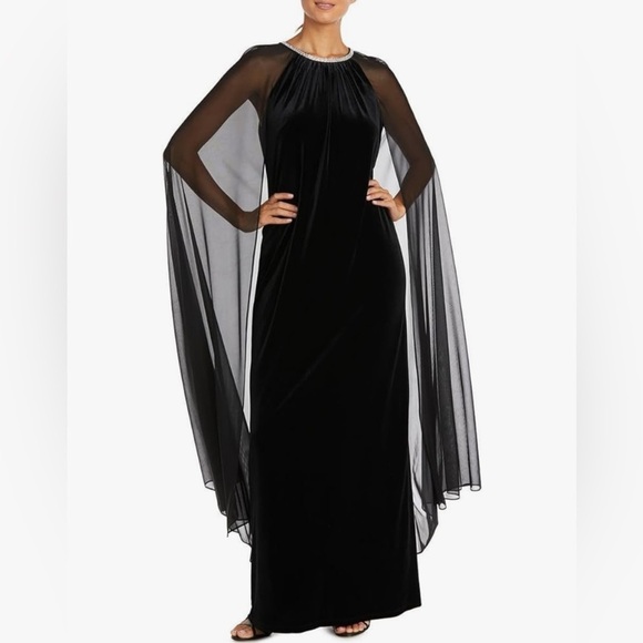 R&M Richards Rhinestone Neck & Chiffon Cape Sheer Velvet Maxi Dress SZ 10 Formal - Picture 1 of 11